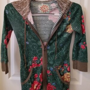 Free People Lightweight Thermal Zip Up Hoodie Green w Multicolor Floral & Brown
